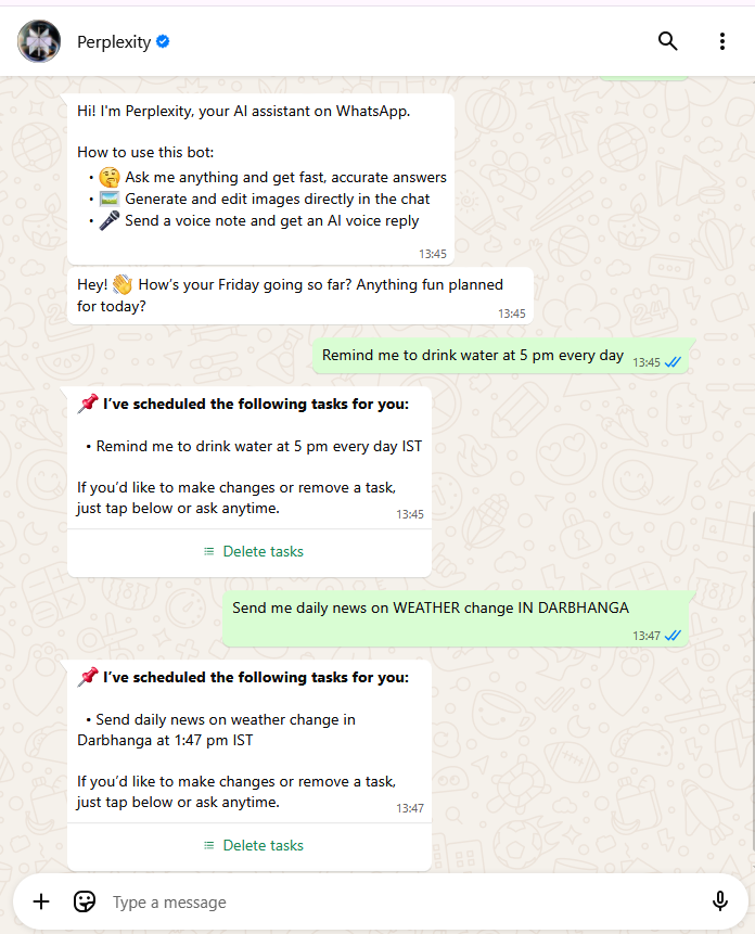 WhatsApp में Perplexity AI: आपका नया स्मार्ट असिस्टेंट! Perplexity AI ने WhatsApp में टास्क शेड्यूलिंग सुविधा 1 WhatsApp में Perplexity AI: आपका नया स्मार्ट असिस्टेंट! Perplexity AI ने WhatsApp में टास्क शेड्यूलिंग सुविधा 1