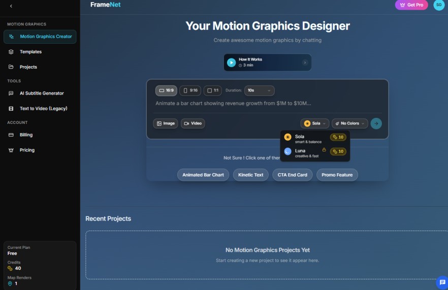 FrameNet.ai Motion Graphics : AI से मोशन ग्राफिक्स क्रिएट करने का संपूर्ण गाइड 1 FrameNet.ai dashboard screenshot for motion graphics creation