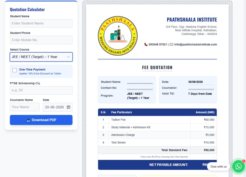Paathshaala Fee Quotation Blueprint